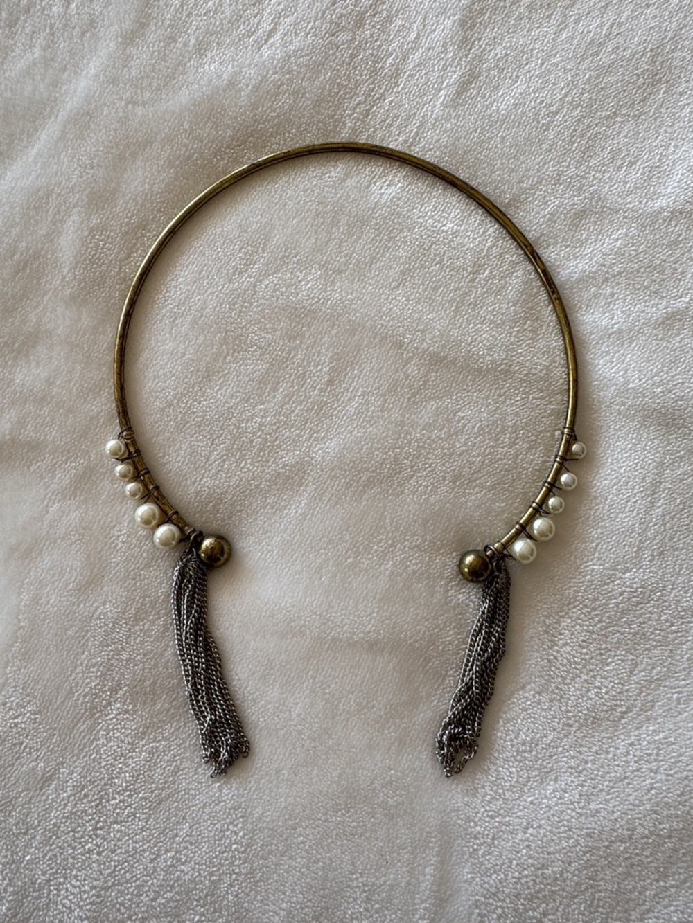 Metallic Gold Pearl Accent Collar Necklace with Chain Tassels